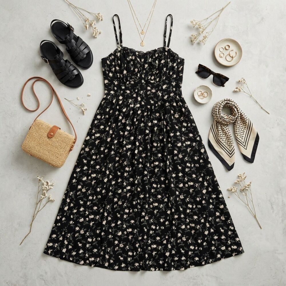 Shein Curve Black Floral Midi Dress 2XL Cottagecore Whimsigoth Goth